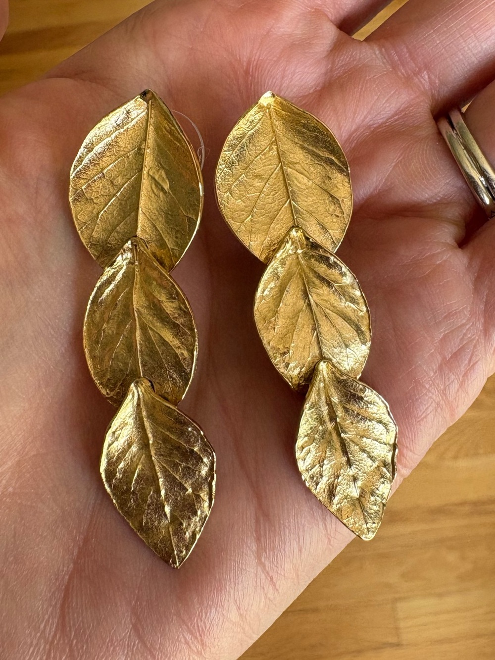 Vintage Signed Trifari Matte Gold Cascade Triple Leaf Drop Statement Earrings